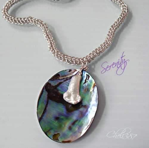 abalone paua and biwa pearl pendent on full persian chainmaille necklace